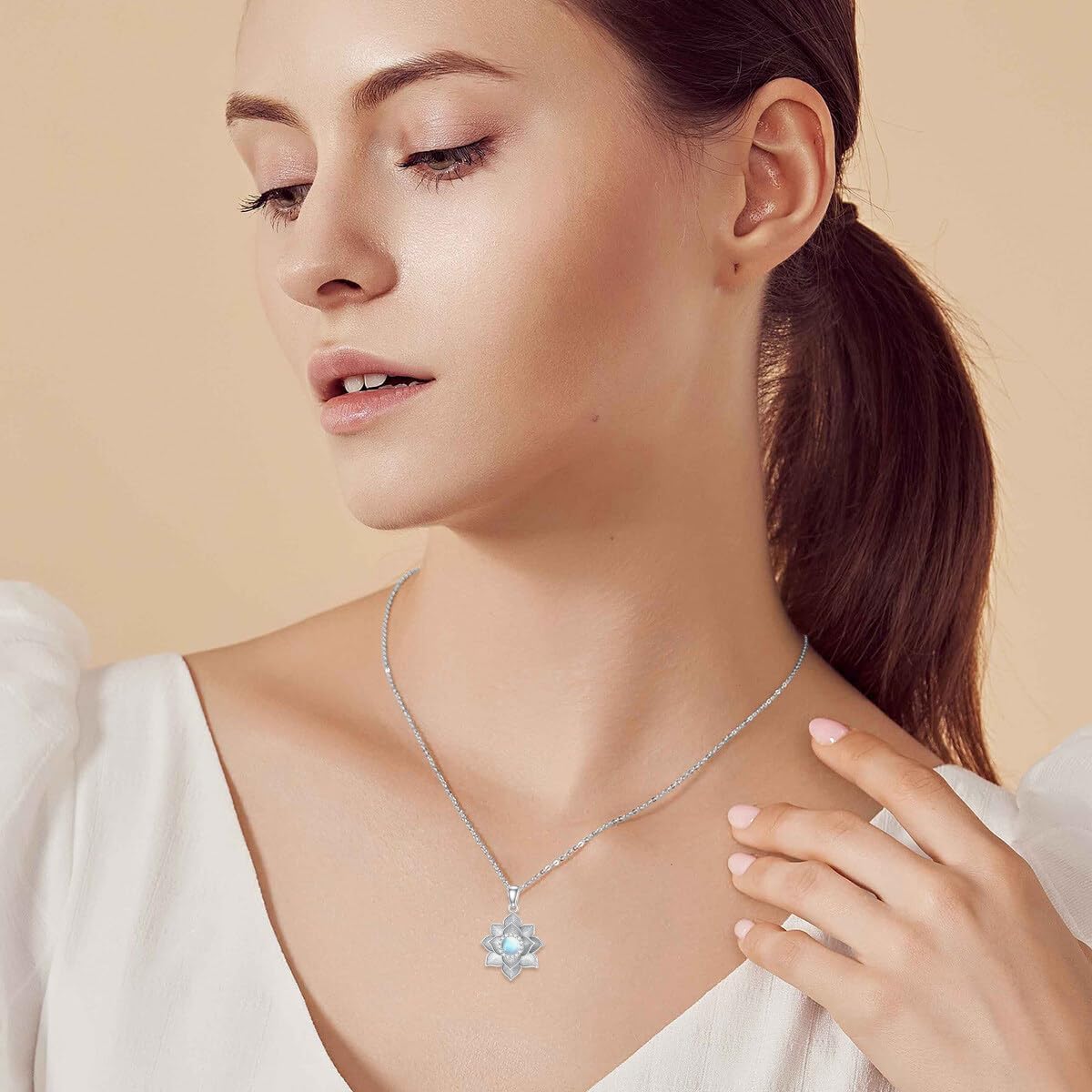Lotus Necklace for Women 925 Sterling Silver Moonstone Lotus Flower Pendant Necklace Moonstone Jewelry Gift for Mom Wife - Image 2