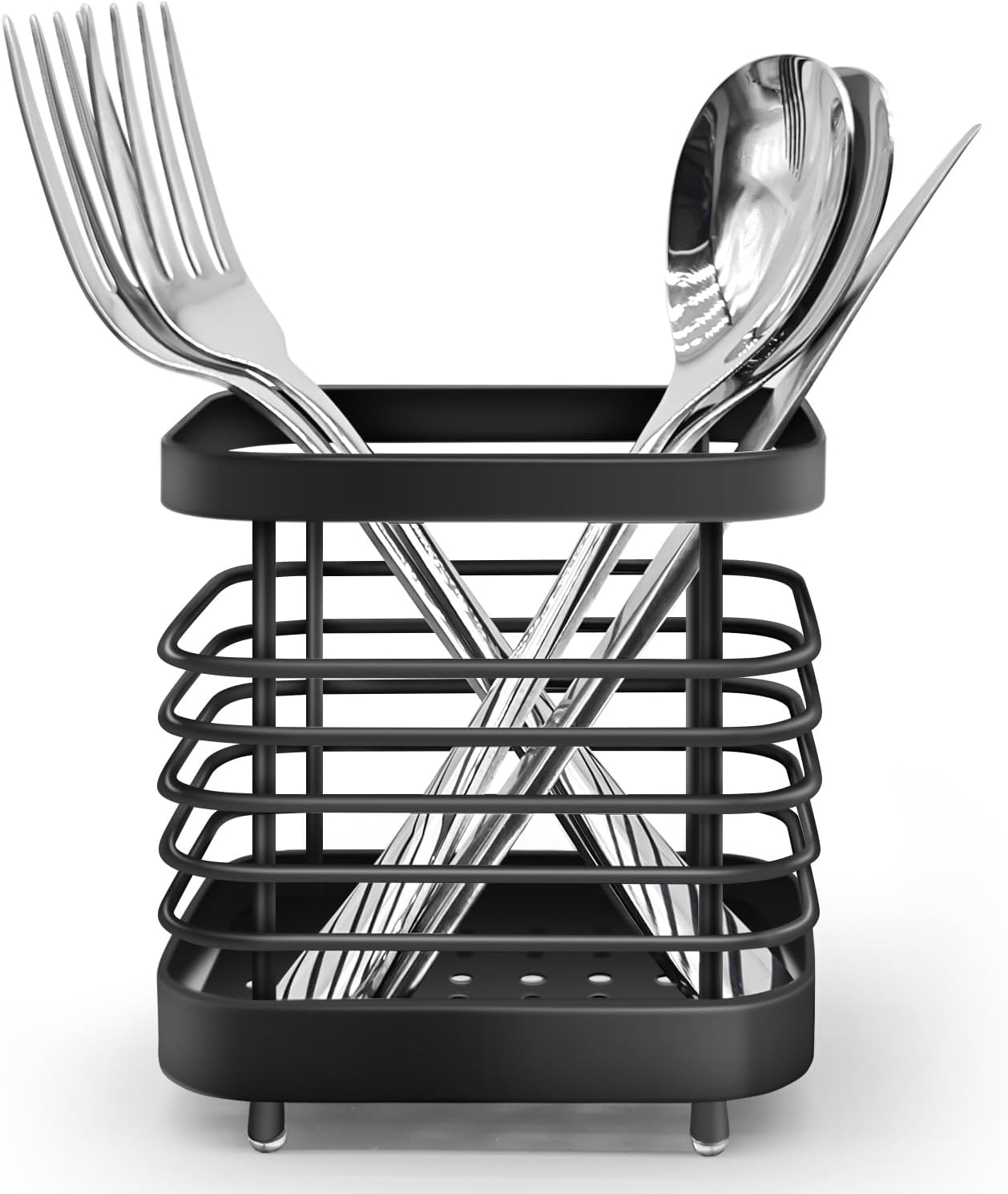 Utensil Holder, Stainless Steel Cutlery Drainer Sink Caddy, Rust Proof Sink Tidy Kitchen Sink Organiser, Cutlery Organiser for Kitchen Utensil (Black)