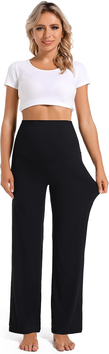 Foucome Women's Maternity Pants Casual Loose Wide Leg Cozy Pant Pregnancy Palazzo Lounge Trousers with Pockets - Image 5