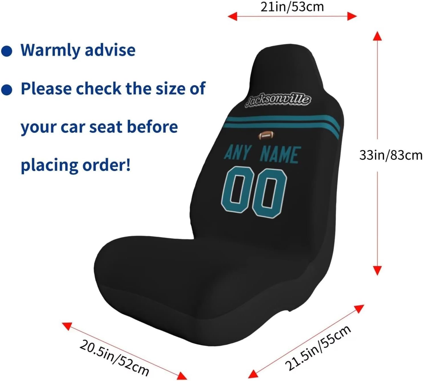 Custom Football Car Seat Covers - Personalized Car Accessories Jacksonville Gifts With Name and Number, Elastic Soft Car Front Seat Protector Cover, Universal Size Fit Most Car, Truck, SUV, 2pc