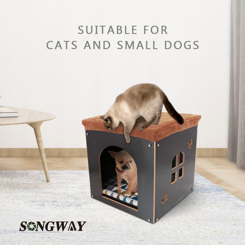 SONGWAY Cat House for Indoor Cats Large, Pet Cave with Carpet, Pet House Ottoman, Multipurpose Footrest with Cushion, Cube House for Cats and Small Dogs, Black L