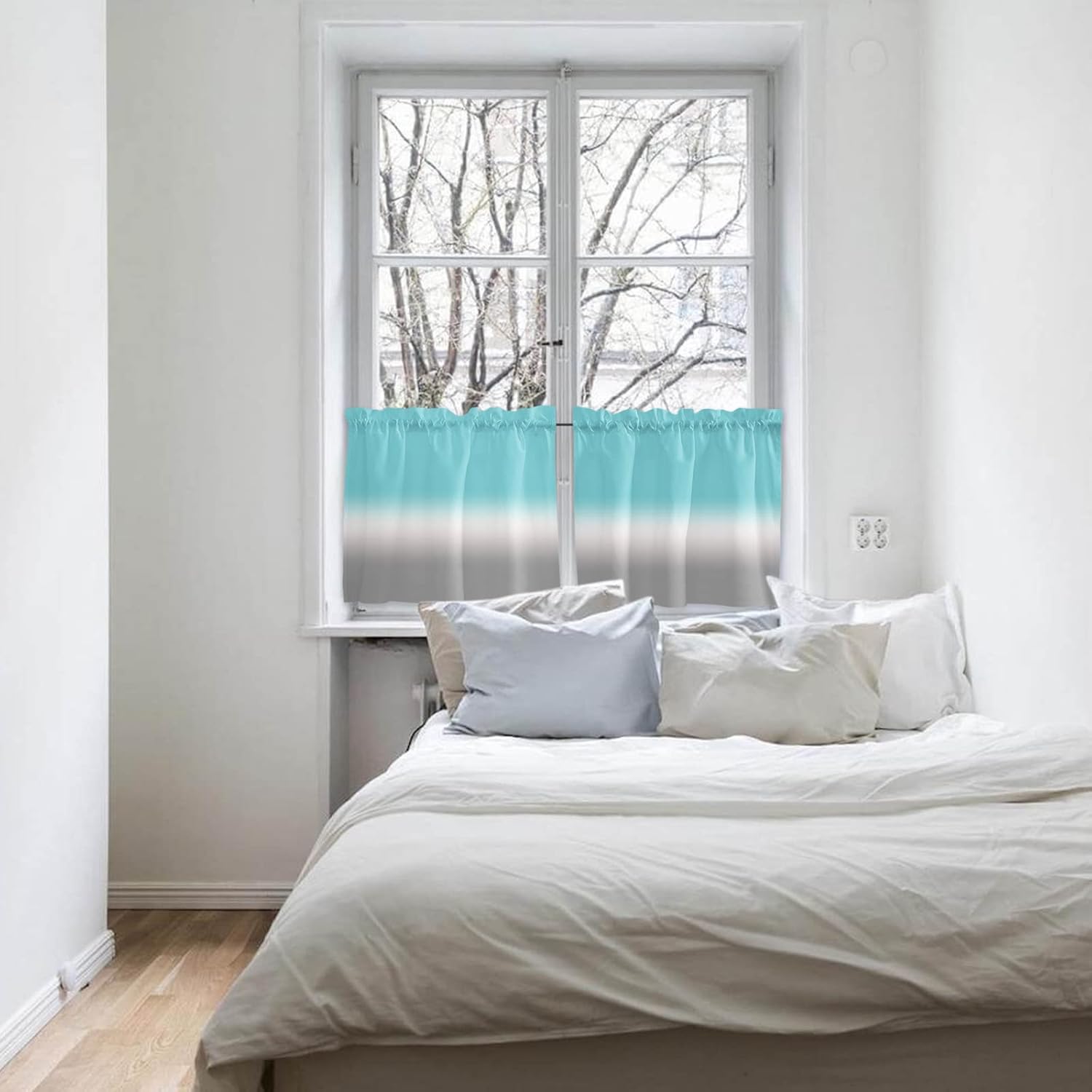 Tier Curtains 36 Inch Length Aqua White and Gray Ombre Curtain Panels Semi Sheer Rod Pocket Curtains Window Treatment for Kitchen Living Room Bathroom, 27.5"x36", 2 Panels