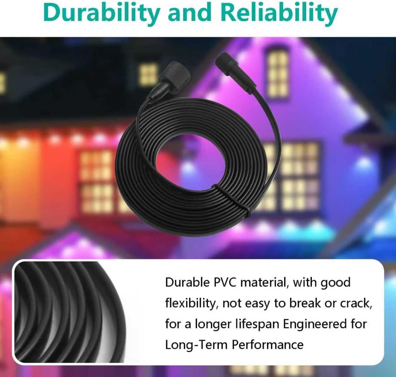 33FT Permanent Outdoor Lights Extension Cable,IP68 Rated, Compatible with Go-vee Permanent Outdoor Lights（for Other Brands, Please Refer to The Size Drawing,Can only Connect to The Front with Lights）
