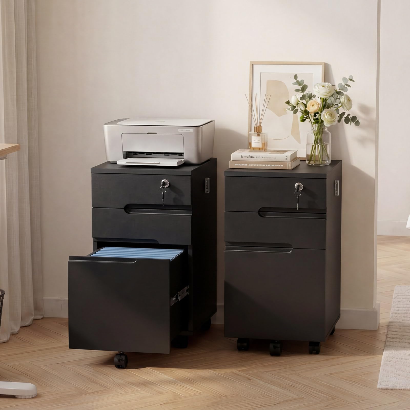 CLIPOP Abschließbarer Rollcontainer, mobiler Aktenschrank mit 5 Rollen & 3 Schubladen, für A4/Letter Hängeregistratur, Schreibtisch unterschrank, Schubladen-Büroschrank für Büro & Homeoffice, Schwarz