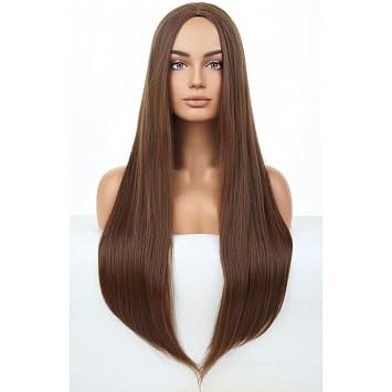BERON Brown Long Wig for Women Straight Girls Costume Hair Wigs Middle Part Heat Resistant Synthetic for Cosplay Party or Daily Use Wig
