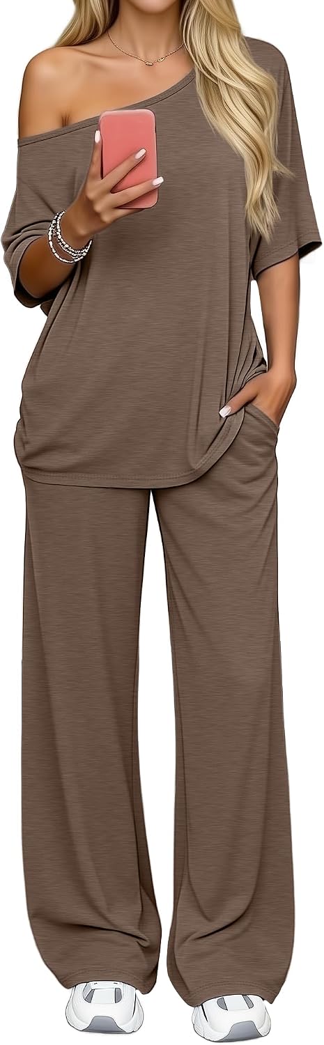 Women’s 2 Piece Lounge Sets Off Shoulder Oversized Matching Outfit Short Sleeve Tops Casual Wide Leg Pant Set