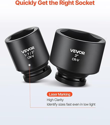 Vista 39 de VEVOR Juego de llaves de impacto, 19 piezas x 1/2 pulgadas métricas de 3/8-1-1/2 pulgadas, 6 puntos de zócalo profundo de 6 puntos, construcción