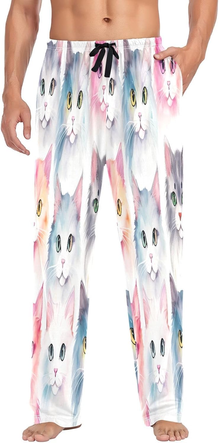 ALAZA Cute Cat Watercolor Kitten Men's Pajama Pants Men Cotton Pajama Bottoms with Pockets, S