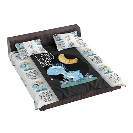 Hopcara Hello Cutie Dinosaur Printed Velvet King Size Double Bedsheet with 2 Pillow Covers