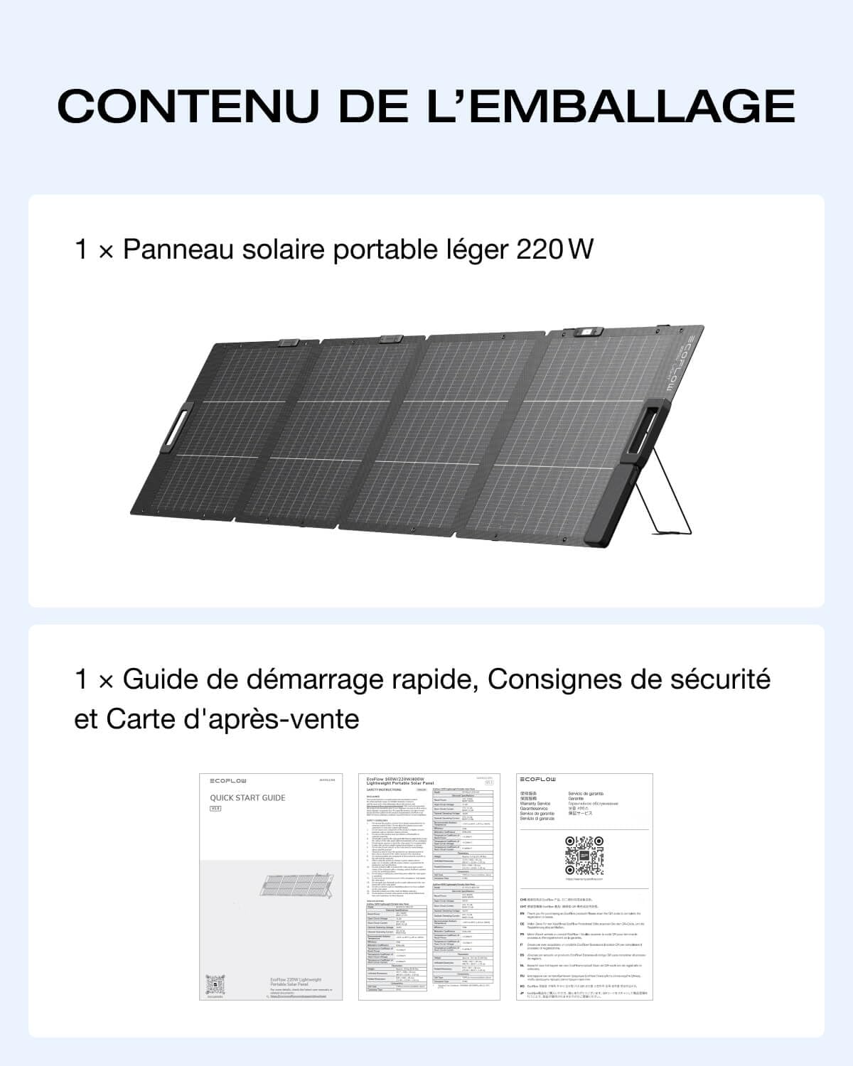 EcoFlow Panneau solaire portable léger 220 W, bifaciale, rendement jusqu'à 25%, cellule solaire de type N, support réglable, câble XT60 intégré, réglage exposition solaire intégré, étanchéité IP68
