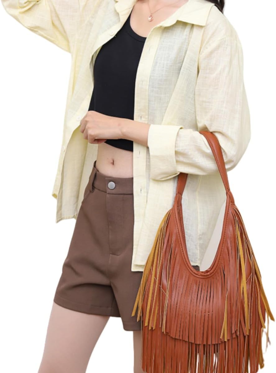 IAMUHI Casual Rivets Fringed Shoulder Handbag for Women,Soft Vegan Leather Hippie Crossbody Purse Bag Hobo Bag