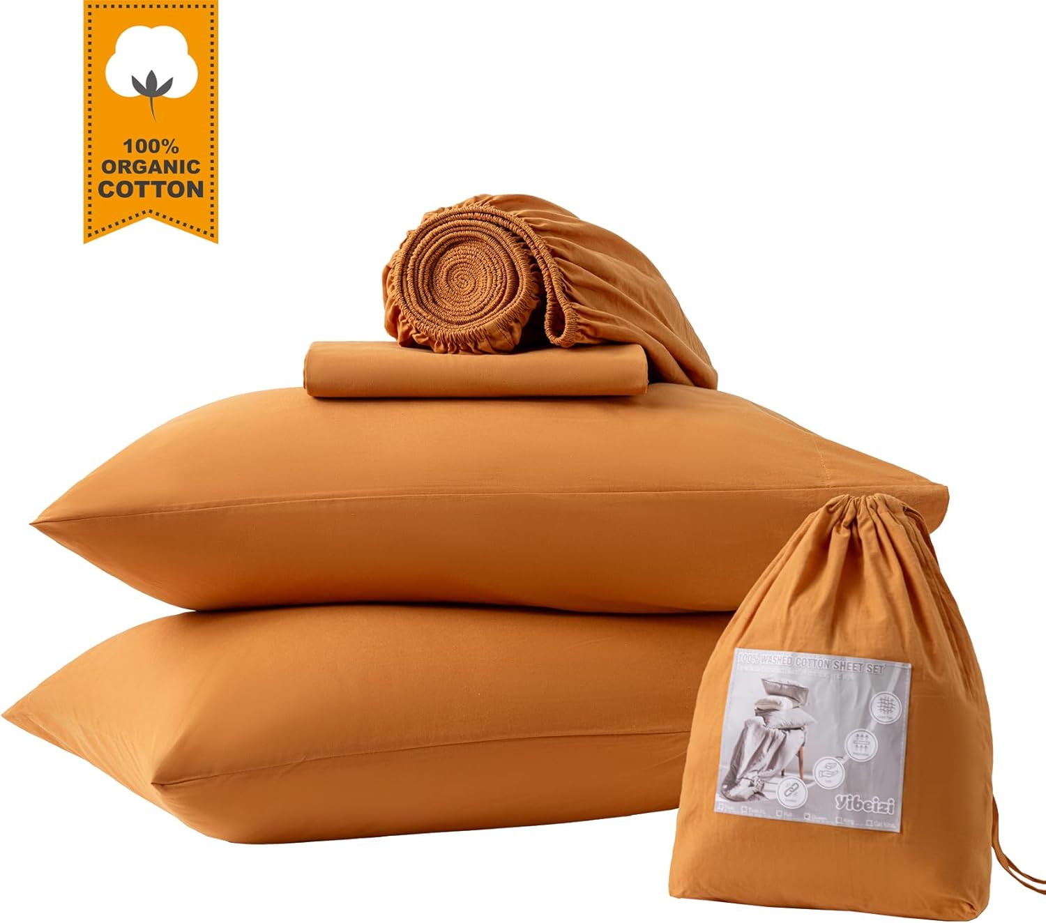 Yibeizi Orange 100% Washed Cotton Linen Feel Sheet Set Queen Size, 4 Pieces Deep Pocket Bed Sheets Soft Breathable Hotel Bedsheets