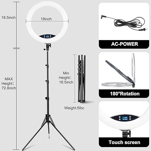 Miniatura 6 de Anillo de luz LED romote de 19 pulgadas con control táctil manual con pantalla LCD, Bluetooth Selfie, 3200-5600K, soporte incluido para maquillaje,