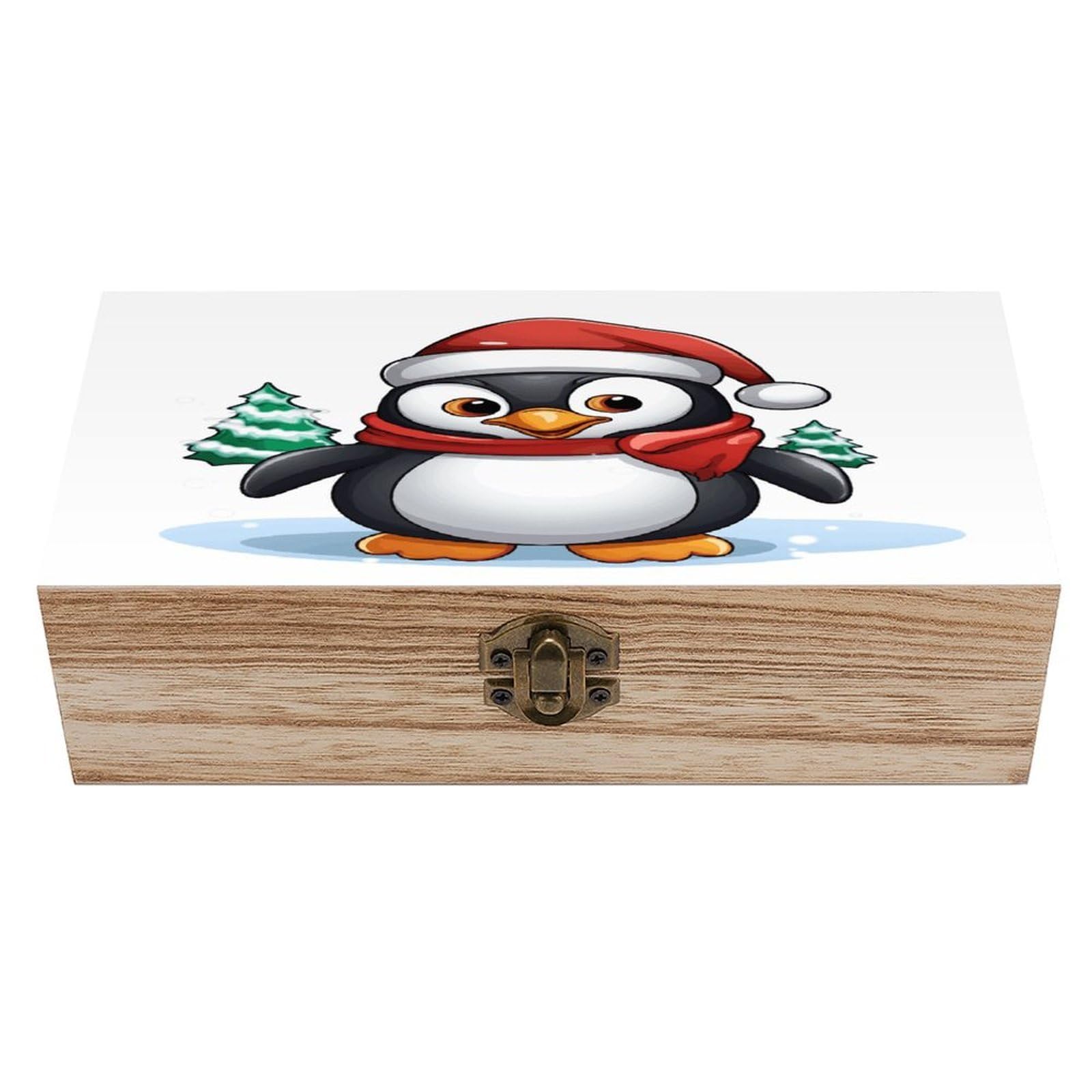 JTREHY Christmas Penguin Wooden Keepsake Box Vintage-Style Wood Keepsake Case with Hinged Lid Solid Wood Boxes Beautifully Memory Treasure Case Vintage-Style Wooden Storage Box