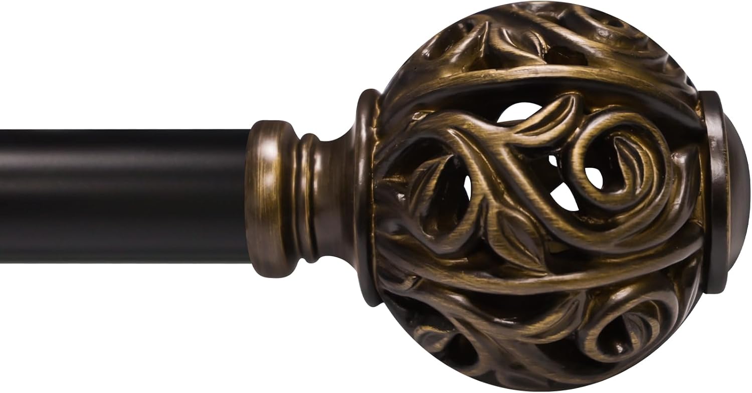 1 Inch Curtain Rod For Windows 66 to 120 Inches, Heavy-Duty Adjustable Decorative Curtain Rod With Rattan Leaf Hollow Finials For Bedroom And Living Room Bronze