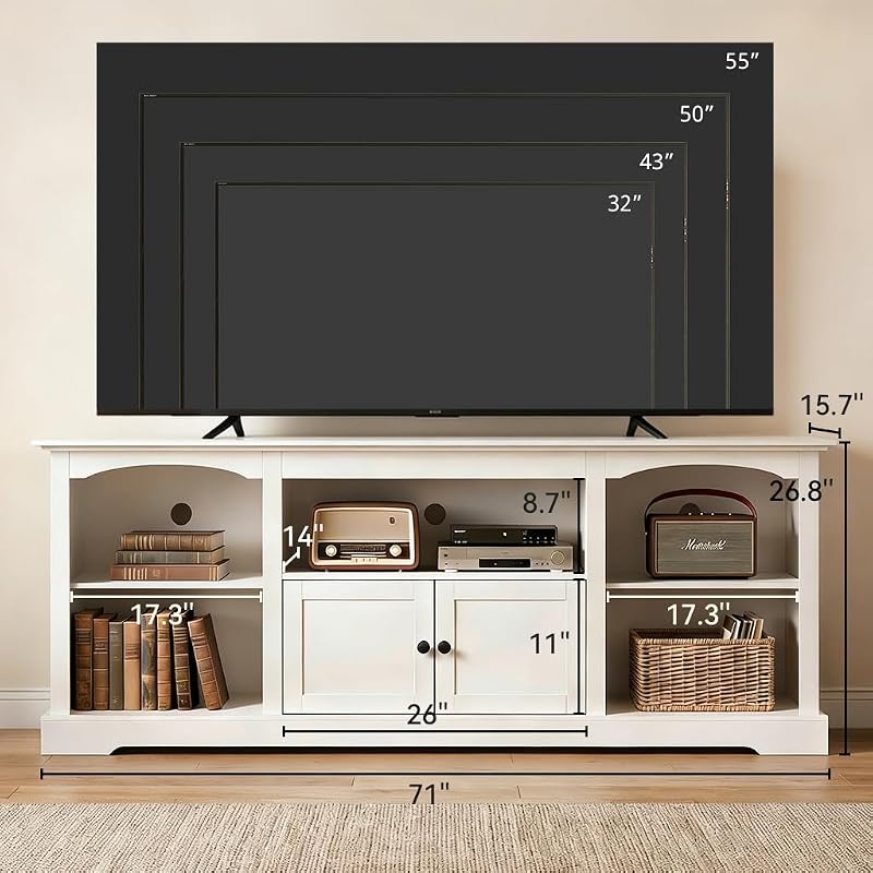 LUCKLIFE 71" TV Stand for TVs up to 80 Inch,Modern Farmhouse Entertainment Center with Arched Cabinet Doors & Open Adjustable Storage Shelves,Media Console Table for Living Room (White, 71 inch) image 2