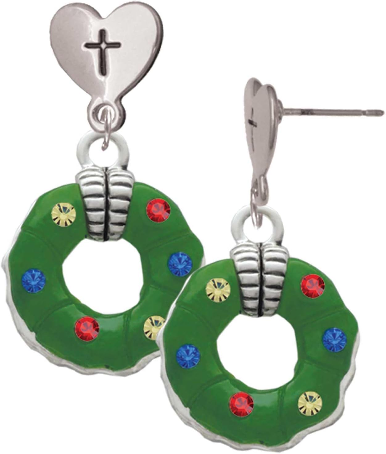 Delight Jewelry Silvertone Green Resin Wreath with Crystals Cross in Heart Post Dangle Earrings