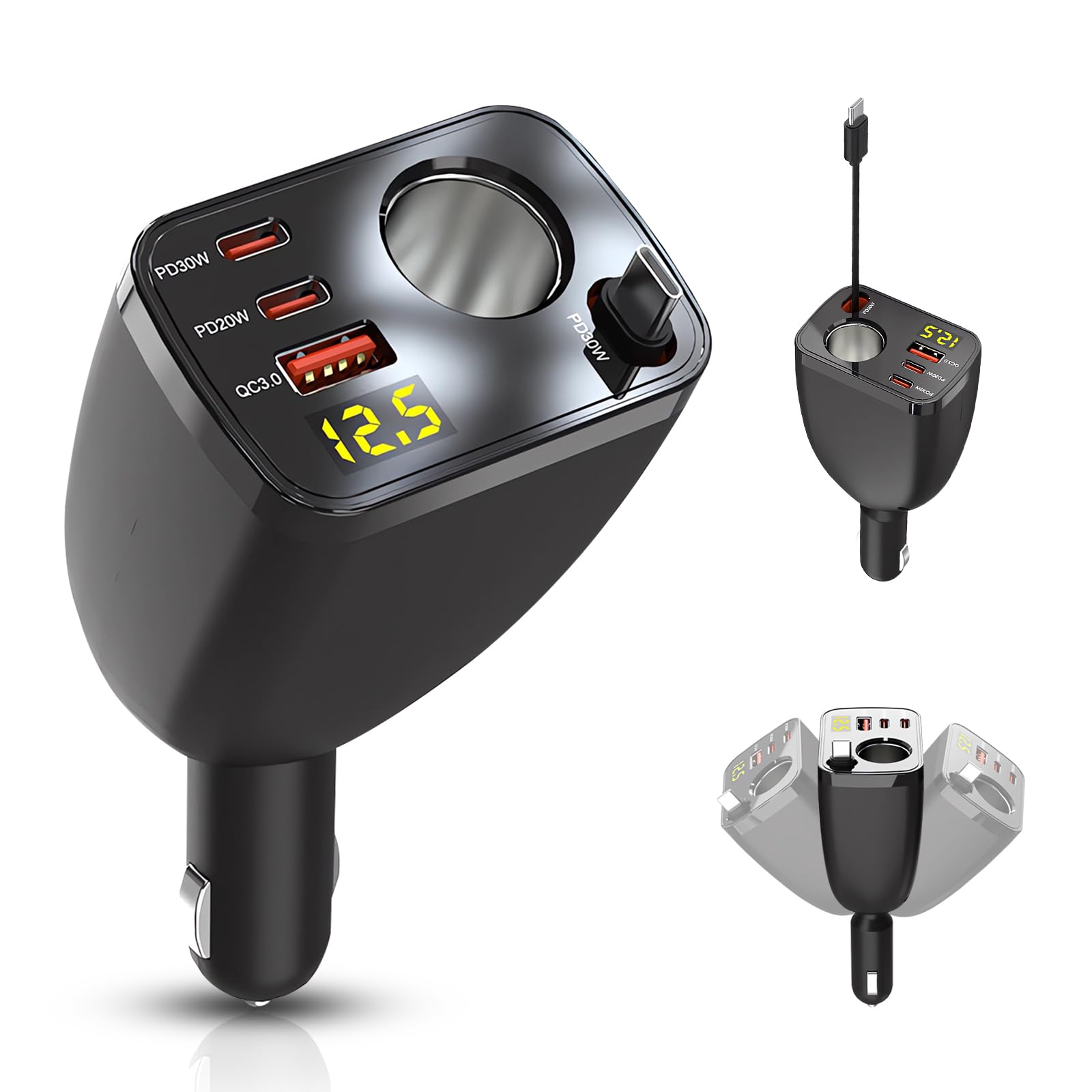 Chargeur Allume-cigare 5 En 1 – 2x USB-C PD, 1x USB-A, 1x Prise 12V, Câble Type-C Rétractable 65 Cm – Voltmètre LED