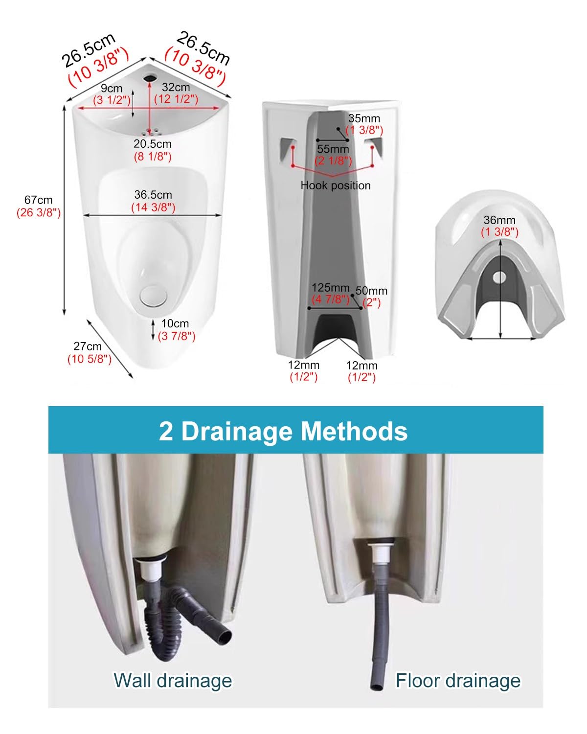 Orinal de esquina montado en la pared con lavabo y tubo, inodoro de cerámica para hombre, para baño, garaje, sótano, baño, fácil de limpiar (negro)