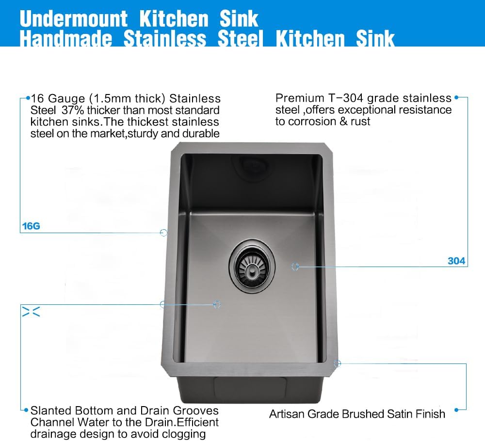 12 inch Black Undermount Bar Sink -VOKIM 12 x18 Undermount Kitchen Sink Single Bowl Stainless Steel 16 Gauge Kitchen Sink with Strainer & Bottom Grid