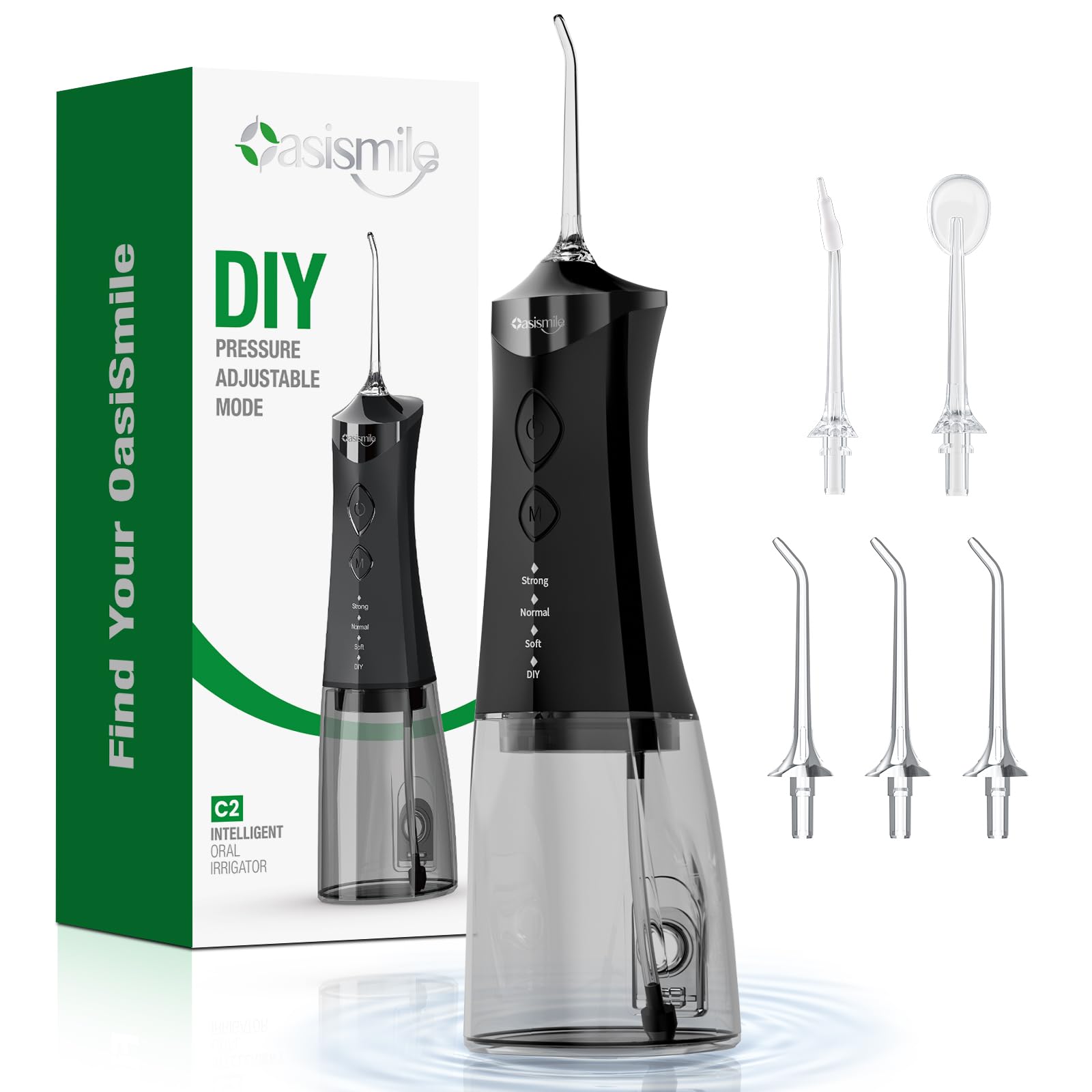 OasiSmile Irrigador bucal C2 para dientes, irrigador oral inalámbrico de 350 ml para aparatos ortopédicos y encías sensibles, presión ajustable de bricolaje, 4 modos, 5 puntas de chorro, púa dental