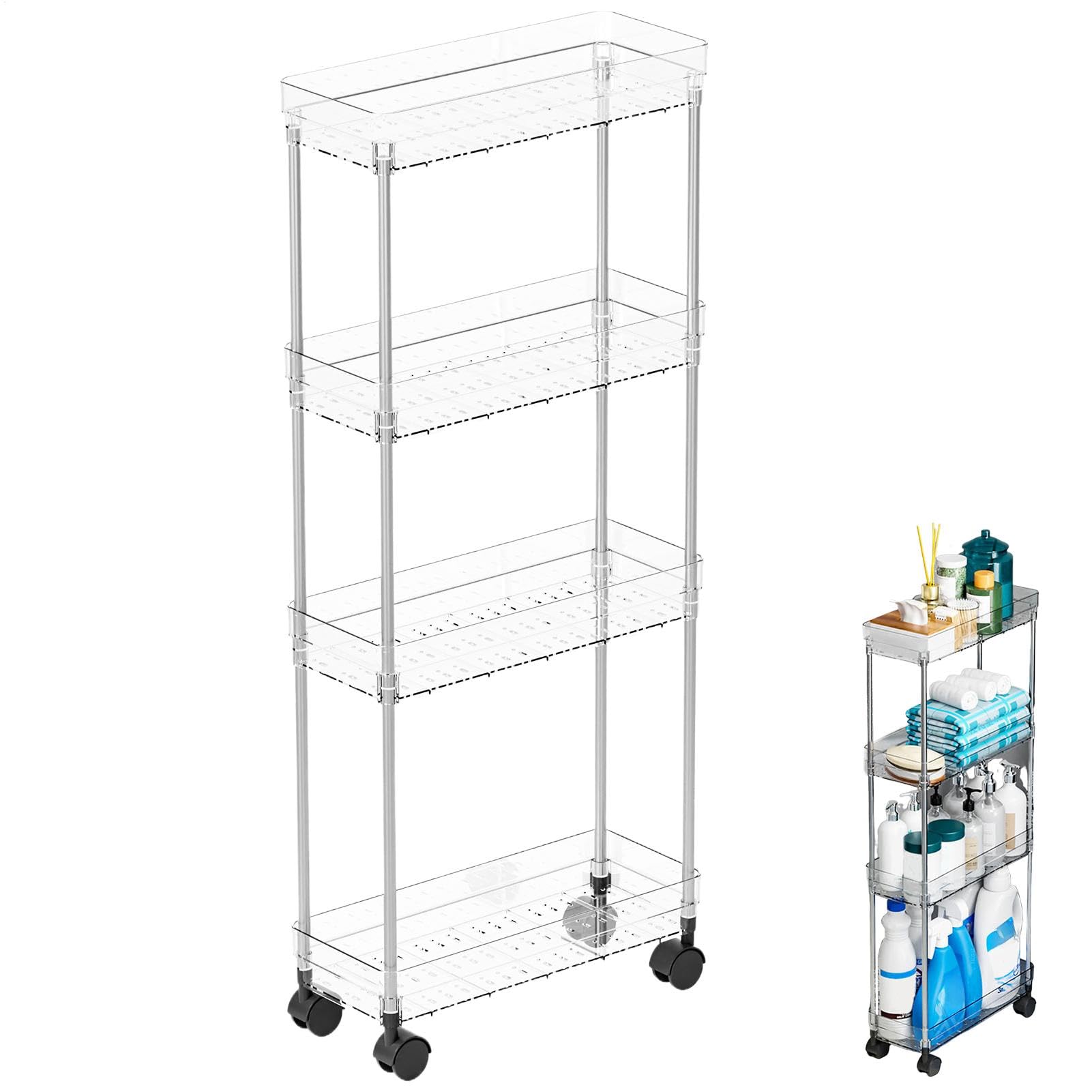 Generico Rolling Storage Cart, Movable Shel, Multi Layer, Multi Purpose, Compact Rolling Kitchen Organizer for Laundry Room, Narrow Space, 1650g, Acrylic, Abs, Metal