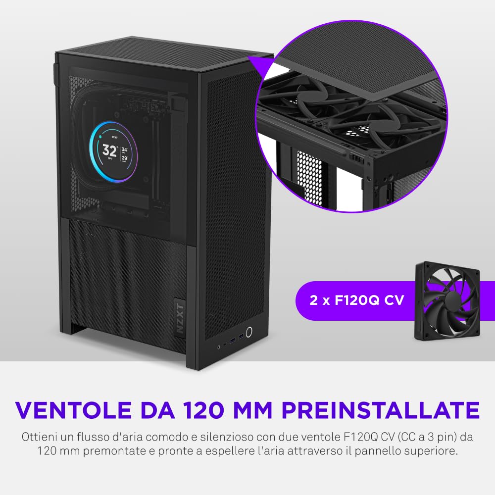 NZXT H2 Flow – Case per PC Mini-ITX da 20,7 litri ad alto flusso d'aria – Include 2 ventole superiori da 120 mm e cavo riser PCIe 5.0 – GPU da 331 mm – Radiatore da 280 mm – Nero