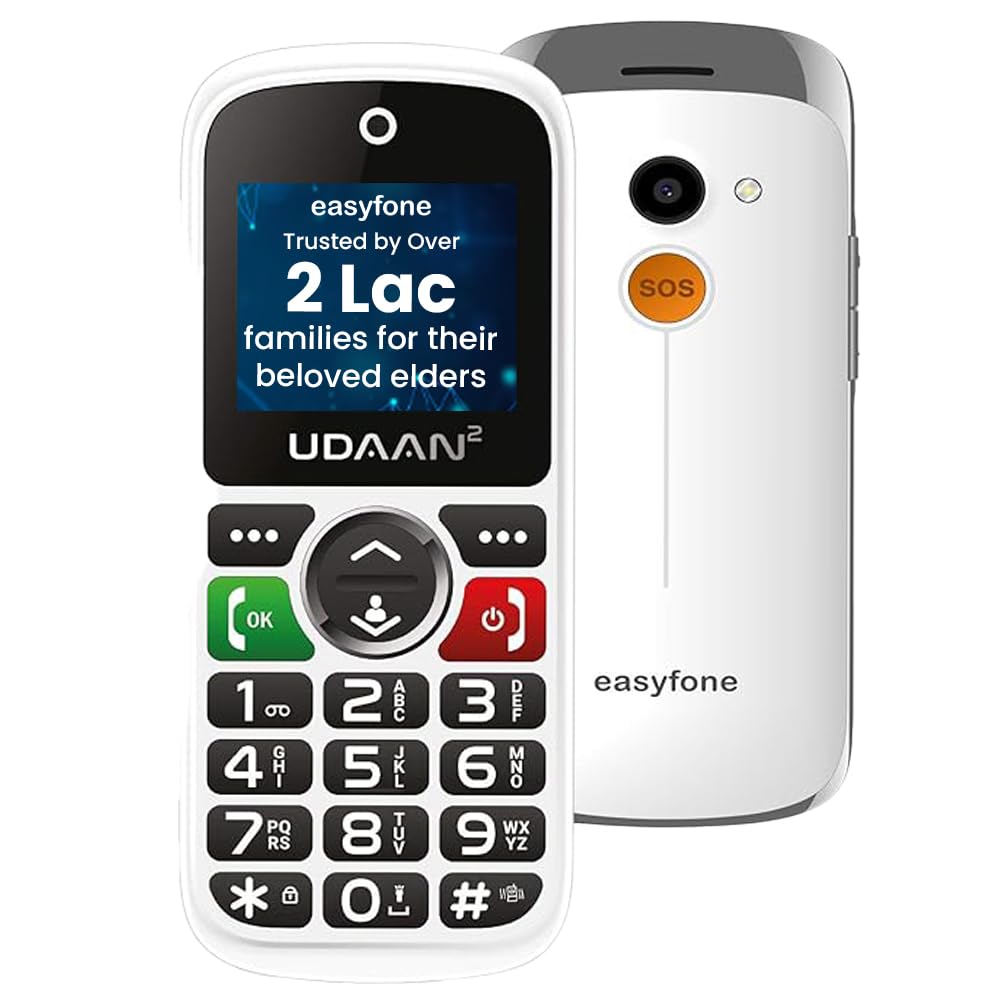 Easyfone Udaan2 1.8″ Display with 20+ Senior Citizen Friendly Features Like Loud Sound, Photo Speed dial, Simple menu, SOS, Incoming Call Restriction, Auto-Call Recording, Dual SIM, White