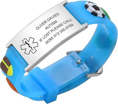 MEALGUET Pulseras de identificación de alerta médica para niños, pulsera de identificación médica ajustable de silicona y acero inoxidable para