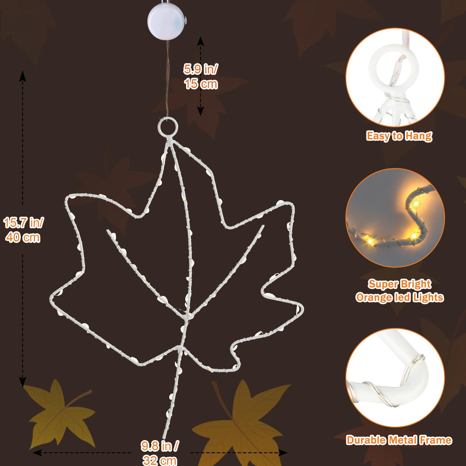 3Pcs Fall Window Decorations Maple Leaf Lights, Battery Operated Thanksgiving Window Lights with Timer,Metal Frame LED Fall Window Hanging Maple Lights for Home Party Thanksgiving Autumn Harvest Décor