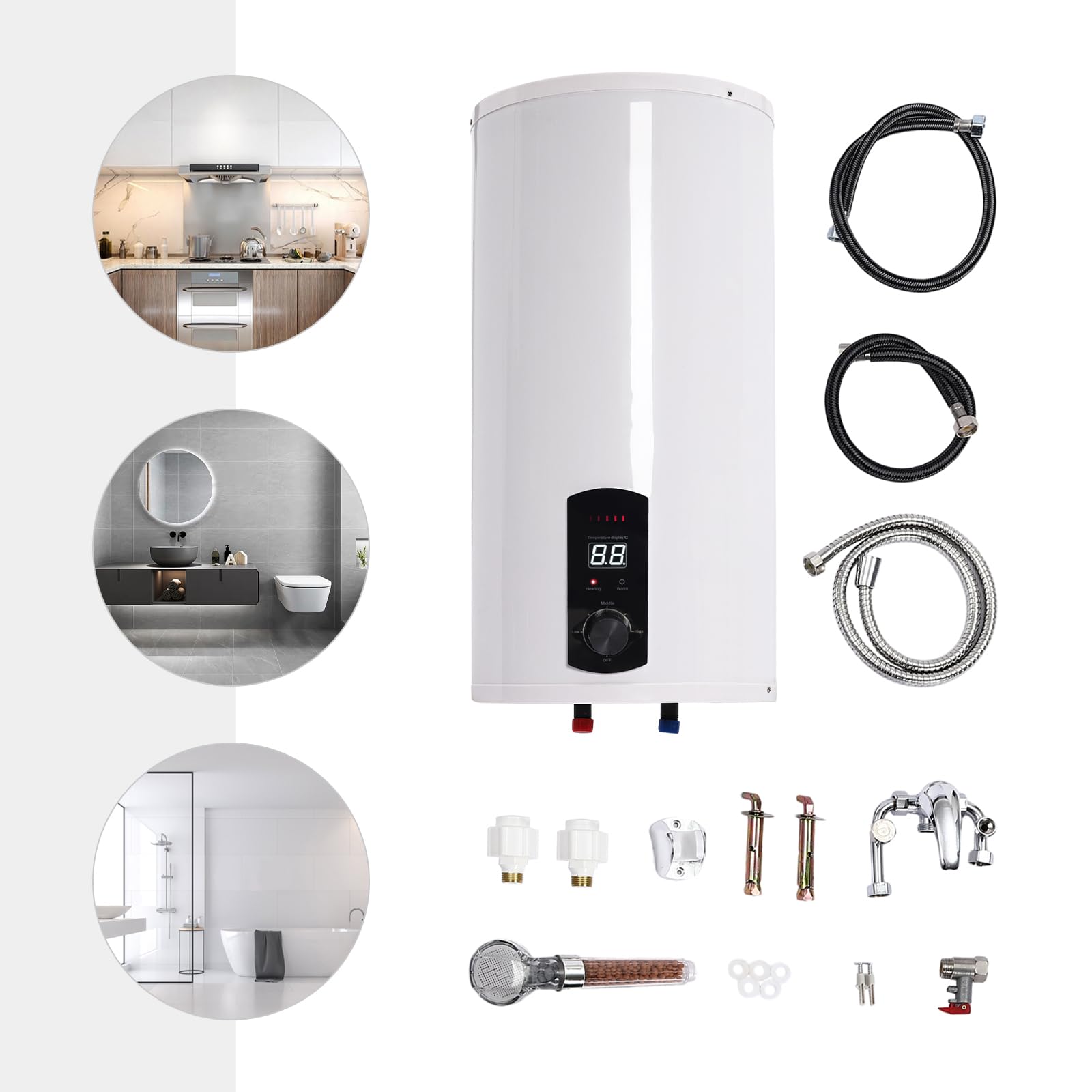Scaldabagno Elettrico Verticale 80L Schermo Digitale 2000W Parete | 2000 W, IPX4, viene fornito con doccetta e rubinetto, installazione a parete - cucina, bagno, caravan, casa.