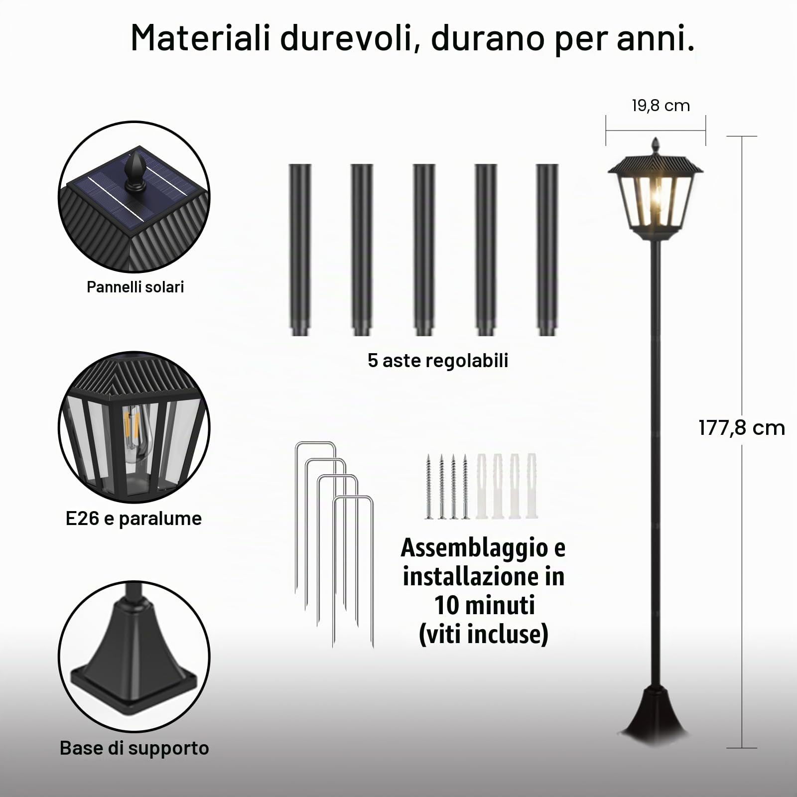 Lanterna solare in piedi per l'esterno 180 cm Lanterne solari per l'esterno con lampada da giardino da giardino leggero resistente alle intemperie, caldo bianco （2 pezzi）