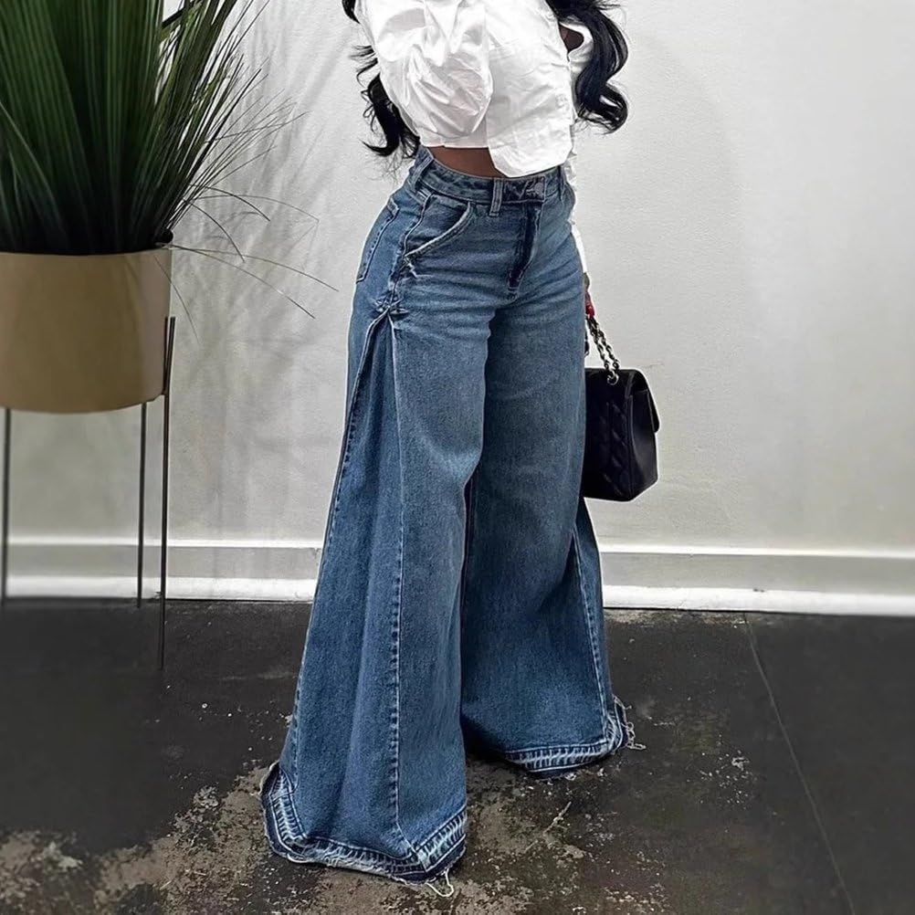 Women's Y2K High Waisted Frayed Wide Leg Oversized Flared Floor Length Jean Trousers