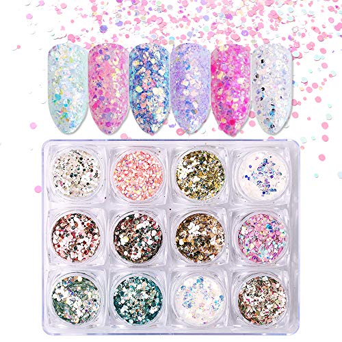 WOKOTO 12 Boxes Colorful Mixed Glitter Chunky Nail Sequins Iridescent Ultra-thin Tips Circular Hexagon Cosmetic Paillette DIY Nail Art Decoration