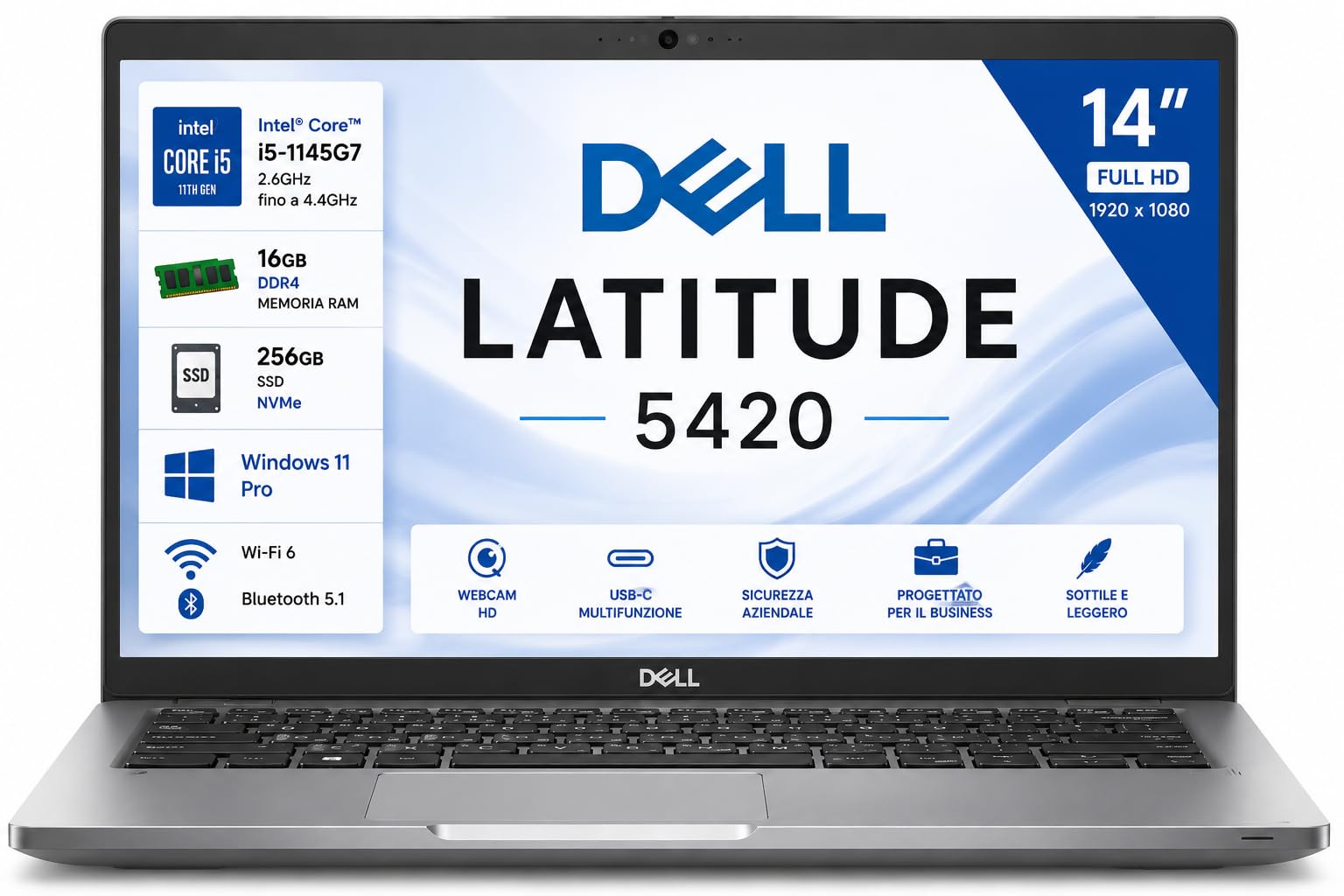 Dell Latitude 5420 14” Full HD Notebook – Intel Core i5-1145G7, 16GB RAM, SSD 256GB, Windows 11 Pro, Webcam, Wi-Fi, USB-C (Ricondizionato)
