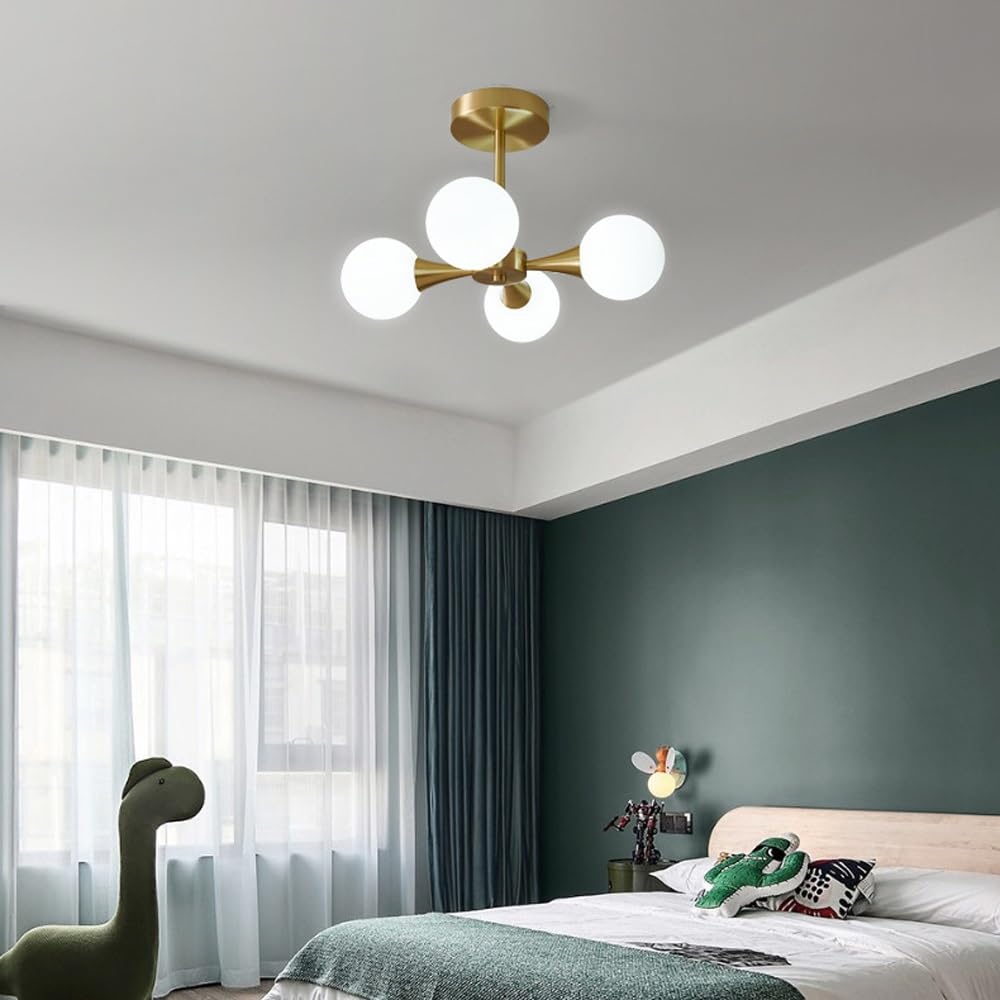 BLOOHK Mid-Century Gold Sputnik Chandelier, Nordic Branching Glass Globe Pendant Light, Antique Brass Molecular Ceiling Fixture for Dining & Living Room