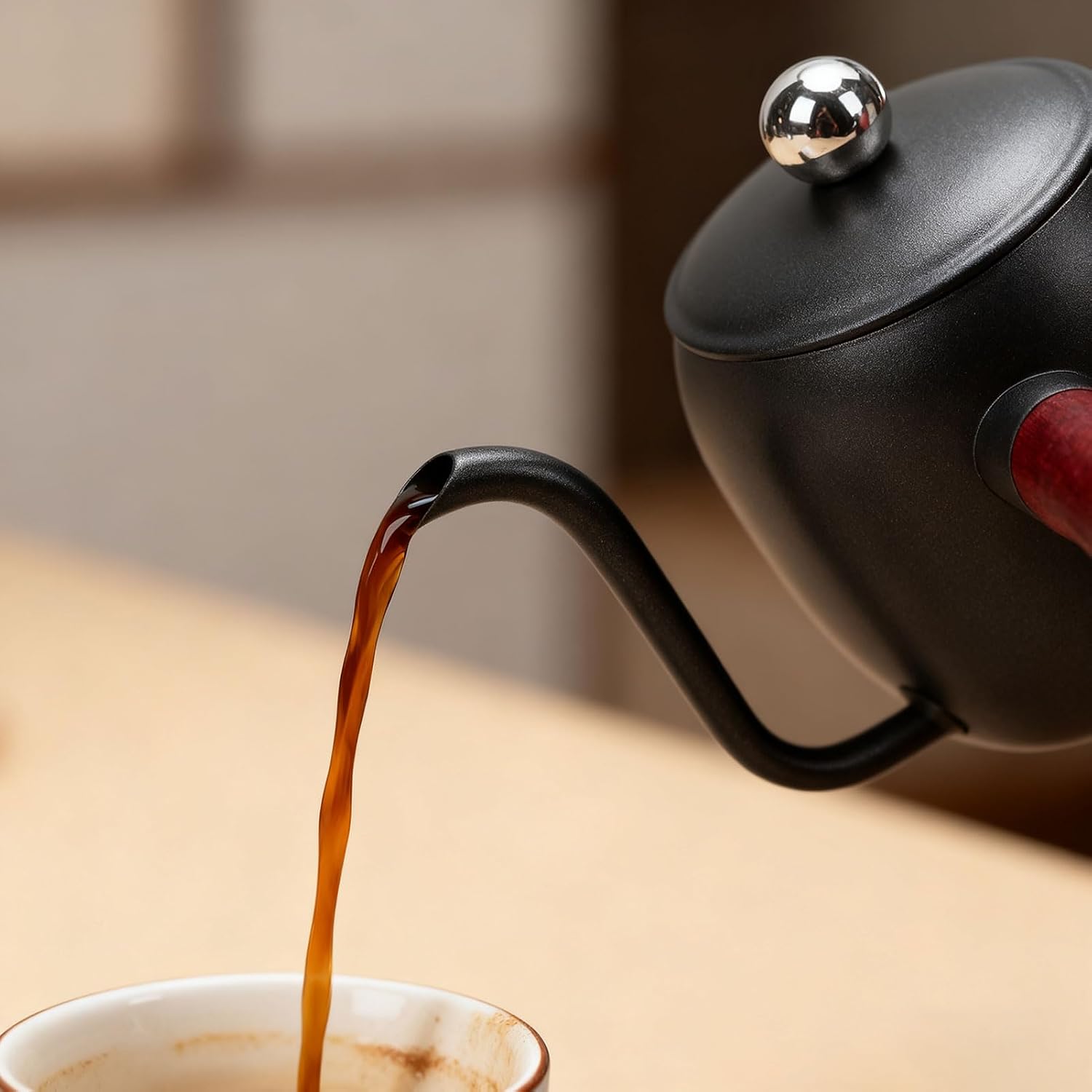 Pour Over Kettle, 500ml Stainless Steel Gooseneck Spout for Precise Pouring Gooseneck Kettle, Long Spout with Wooden Handle and Portable Design for Travel Camping Outdoor (Black)