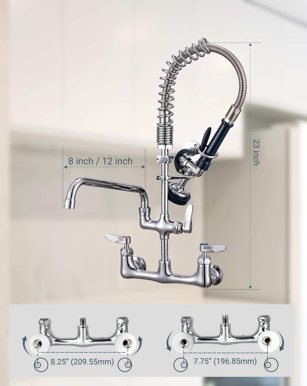 NSF/ANSI 61 Certified 8" Lead-Free 23" Height Commercial Sink Faucet with Sprayer Wall Mount, 3 Compartment Sink Faucet with 8" and 12" Add-on Swing Spout for Kitchen/Restaurant/Utility Sinks