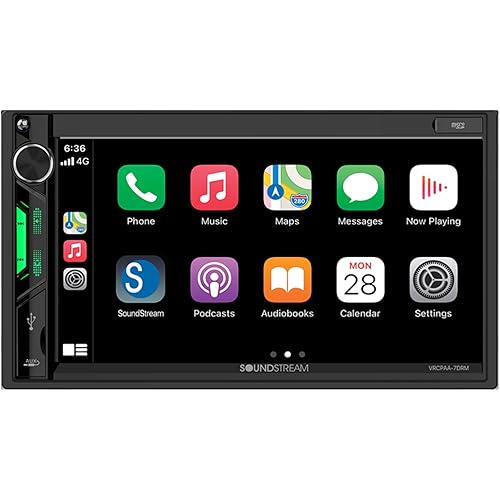 Soundstream Double Din Car Stereo VRCPAA-7DRM – 7” Apple CarPlay & Android Auto Head Unit, Bluetooth Stereo for Car, AUX, USB, SD, AM/FM Radio – Mechless Double DIN Touchscreen