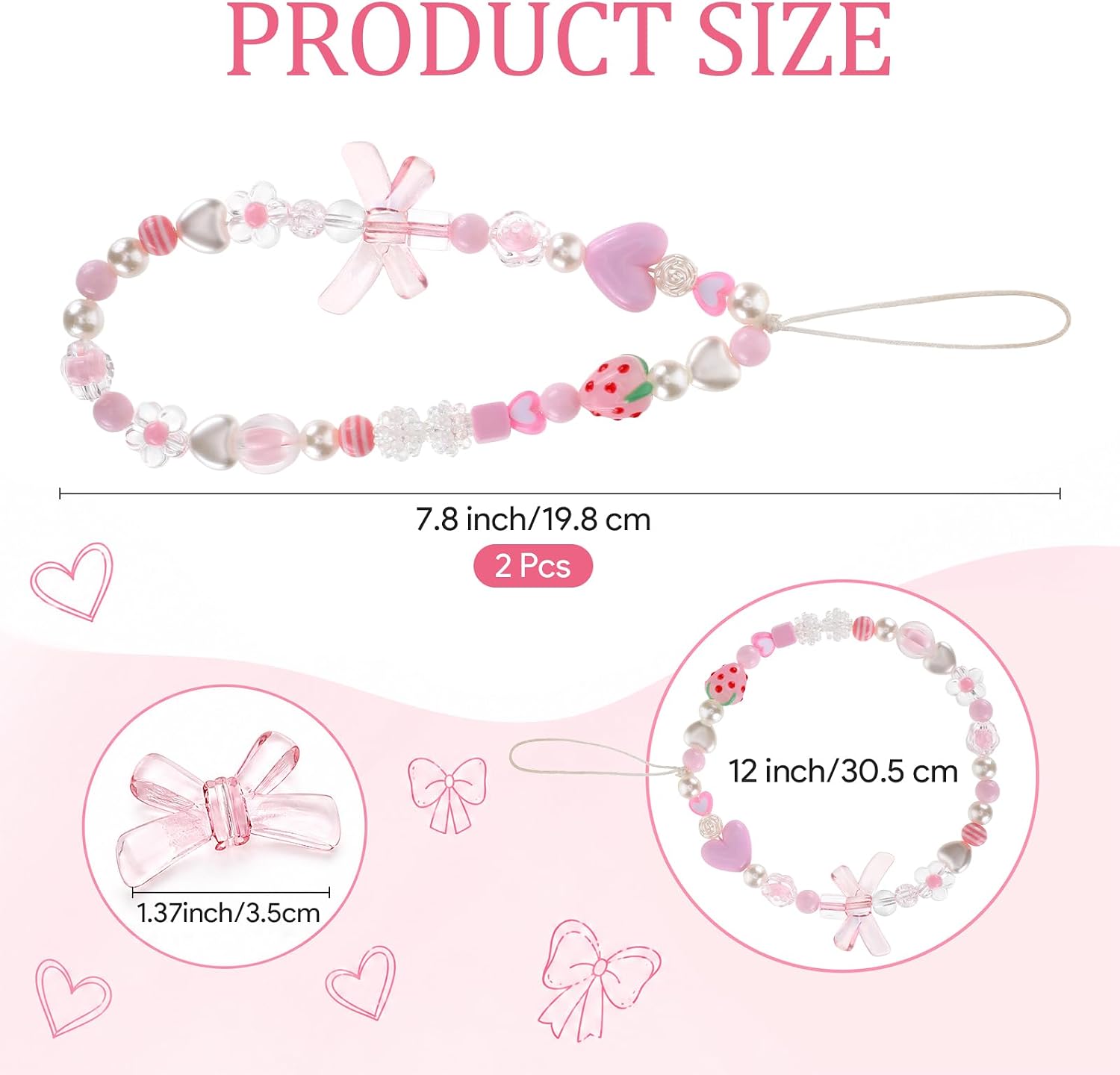 2 Pcs Phone Charm Keychain Wristlet, Beaded Pearl Camera Wrist Strap, Butterfly Bow Phone Keychains Camera Charm Strap, Wrist Keychain Bracelet Lanyard Purse Bag Charms for Women Aesthetic