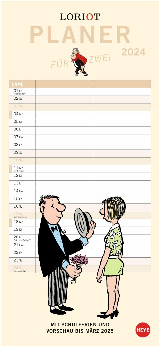Loriot Planer für zwei 2024. Humorvoller Partnerkalender mit 2 Spalten 