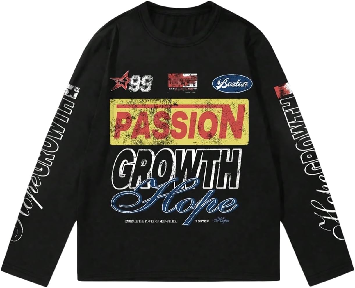 Men's Number Print Jersey Tops Graphic Tee Long Sleeve Crew Neck T-Shirt Streetwear