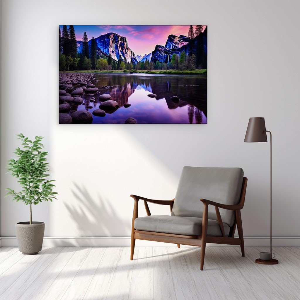 Canvas for Living room. Reflective River Tranquility: Mountains, Skies, and the Essence of Wilderness, 27 x 18 inch Canvas Wall Art - Contemporary Masterpieces - Modern Home Decor