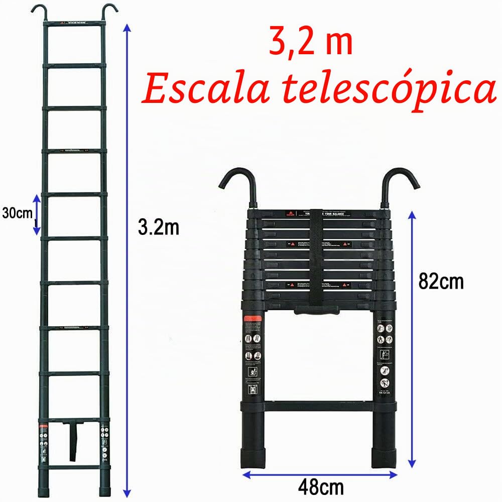Escalera telescópica de aluminio de 3,2 m con 2 ganchos, antideslizante, con 11 peldaños, para exteriores e interiores, 150 kg, color negro