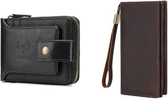 BAIGIO Men's Genuine Leather Bifold Wallet - RFID Blocking, Zipper Coin Pocket, Brown Long Wallet