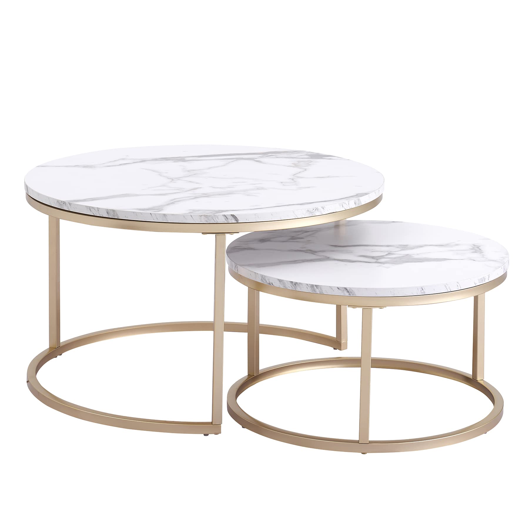 Rund Satztische Couchtisch 2er Set, Moderner Nesting-Tisch mit Stabilem Metallgestell, Geeignet für Wohnzimmer, Balkon, Büro, Groß: 80 * 80 * 45cm; Klein: 60 * 60 * 35cm (Weiß/Gold)