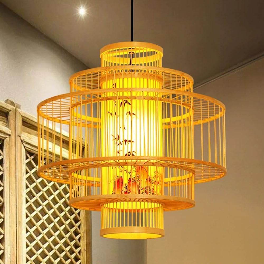 CSSYKV Chinese-Style Chandelier with Bamboo Weaving Lamp Fixture Large Faux Parchment Shade Bamboo and Rattan Lantern Hand-Woven Light Fixtures for Dining Room Kitchen Island - 19.7 Inches