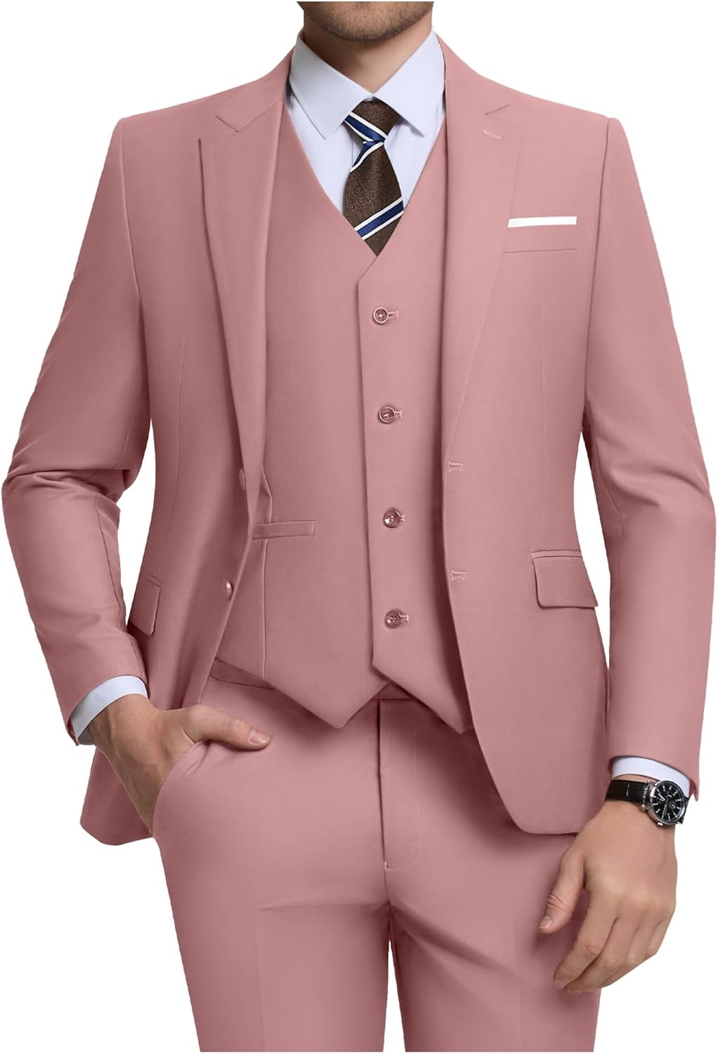 Men's 3 Piece Slim Fit Suit Set, Two Button Blazer Solid Jacket Vest Pants Wedding Business Suit