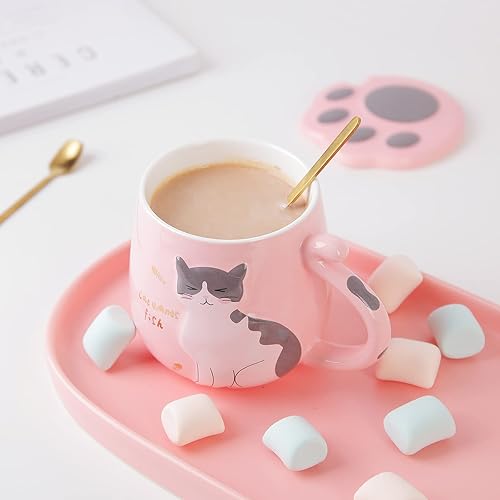 Miniatura 6 de Kitchenexus Bonita taza de café con diseño de gato, taza de té de leche de cerámica con bonita tapa de gatito y cuchara de acero inoxidable para