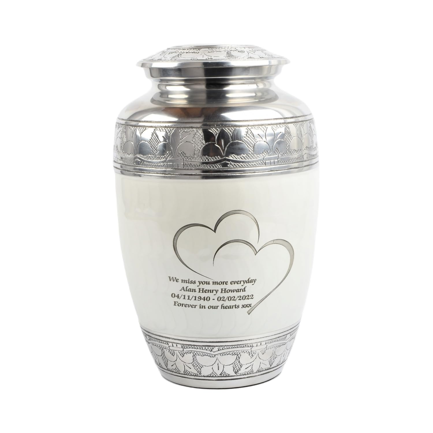 Cremation Urn for Human Ashes – Adult Large Decorative Aluminum Funeral Memorial Keepsake – Securely Holds approx. 90kg or 14 Stone Body (White-Hearts, Adult Size)